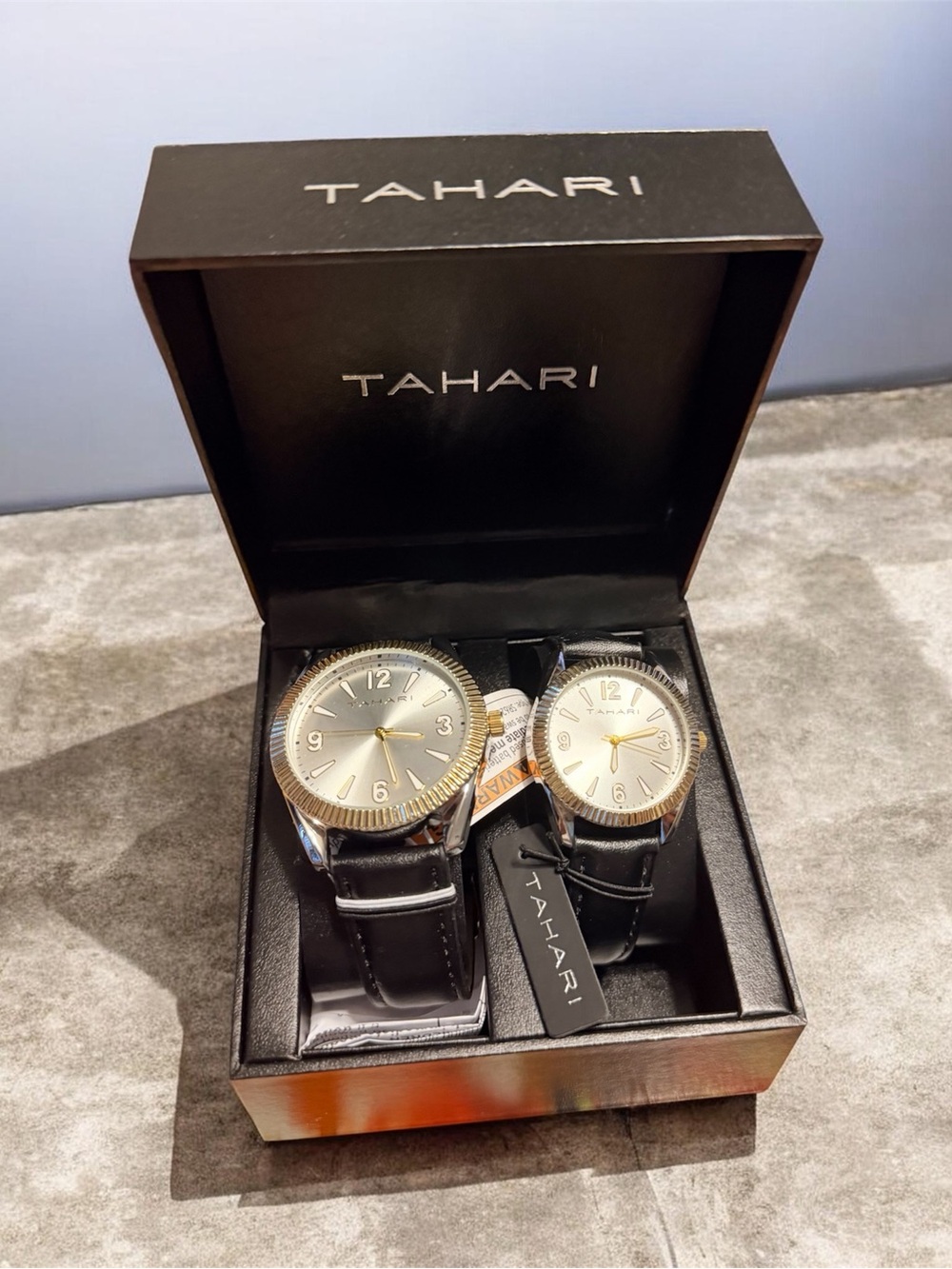 Tahari “His & Hers” Black Leather Watches with Gold-Tone Bezel and Silver Dials